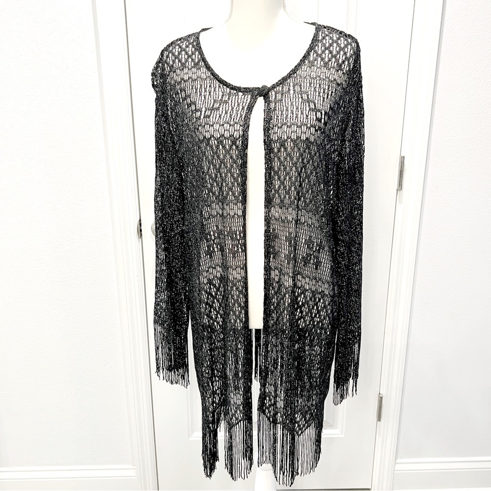 Rebecca Jones Open Knit Lace Fringe Kimono Shawl XL Long Sleeve Black Festival